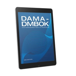 May include: A black tablet displaying the cover of the "DAMA-DMBOK" book, 2nd Edition. The cover is blue with white text and a flowing, abstract design. The tablet is set against a white background.