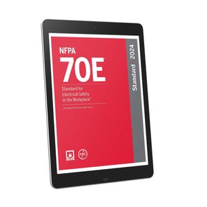 Könnte beinhalten: Ein schwarzes Tablet zeigt das Cover des NFPA 70E Standards für elektrische Sicherheit am Arbeitsplatz. Das Cover ist überwiegend rot mit weißem Text, einschließlich "70E" in großer Schrift. Der Bildschirm des Tablets zeigt auch das NFPA-Logo und den Text "Standard 2024".