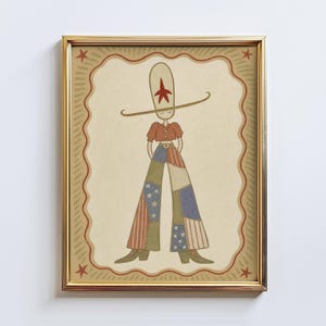 May include: A framed illustration of a figure in a red top and patchwork pants with stars and stripes. The figure wears a tall hat with a red star and a long, curved brim. The artwork is framed in gold with a decorative border.