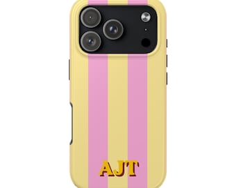 Funda para teléfono con monograma de rayas rosas y amarillas
