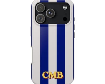 Funda para teléfono con monograma a rayas azul marino y gris