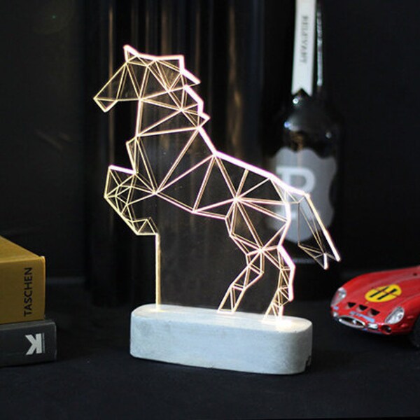 Large Modern Horse lamp, concrete equestrian table lamp,Geometric LED decorative lamp, horse night light, father's day gift