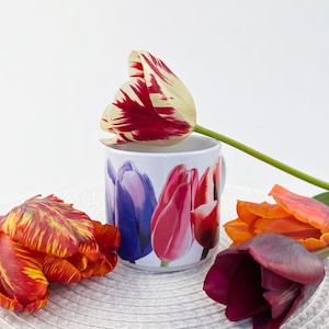 May include: A white ceramic mug featuring a tulip design with purple, pink, and red flowers. A red and white tulip rests on the rim, with additional tulips in various colors and a white background. The mug is surrounded by colorful tulips.