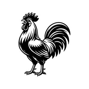 May include: A monochrome illustration of a rooster, depicted in a standing position. The rooster features a detailed comb, wattle, and tail feathers. This graphic design is likely intended for use as a logo or emblem.