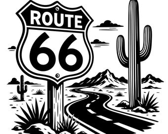 Ilustración de la Ruta 66 en formato SVG, archivo de corte de carretera del desierto (uso comercial).