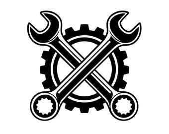 Archivo de corte SVG de llave inglesa y engranaje cruzados, ilustración en blanco y negro (uso comercial)