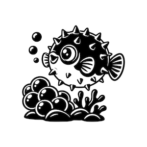 May include: A black and white graphic illustration of a round pufferfish with prominent spikes, large eyes, and a small mouth. The fish is positioned above a cluster of circular bubbles and stylized coral formations, creating a simple underwater scene.