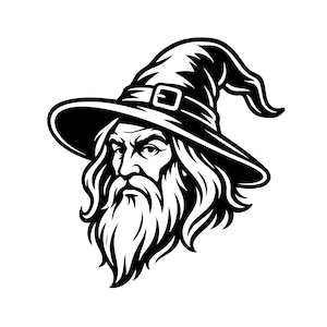 May include: Black and white illustration of a wizard's head. The wizard has a long, flowing beard and is wearing a tall, pointed hat with a buckle. The image is a detailed, stylized drawing.