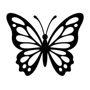 May include: A black and white butterfly illustration. The butterfly has detailed wing patterns with rounded edges and small circular accents. The body is a solid black, and the wings are outlined in black with white spaces.