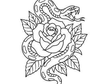 Diseño SVG de tatuaje de serpiente – Archivo de corte de arte lineal de rosa (uso comercial, descarga instantánea)