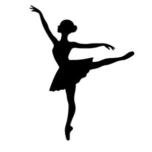 Peut inclure: Silhouette noire d'une ballerine dans une pose gracieuse. La danseuse est représentée avec une jambe tendue, les bras levés et portant une jupe courte. L'image est sur fond blanc.