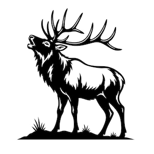 May include: A black and white illustration of a bull elk in a roaring pose. The elk has large antlers and is standing on a patch of grass. The image is a silhouette, with the elk's form sharply defined against a white background.