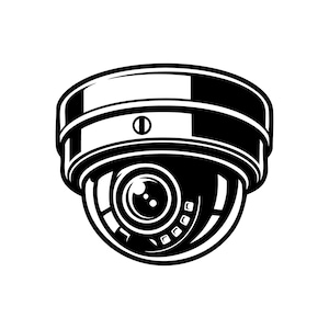 May include: Black and white illustration of a security camera. The camera has a dome shape with a circular lens and a surrounding ring. The design is a simple, graphic style, suitable for various applications.