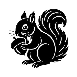 Könnte beinhalten: Eine schwarze Silhouette-Grafik eines Eichhörnchens im Profil, das nach links blickt. Das Eichhörnchen hat einen großen, buschigen, geschwungenen Schwanz und hält eine Eichel in seinen Vorderpfoten. Das Design zeigt klare Linien und eine einfarbige schwarze Farbe auf weißem Grund.