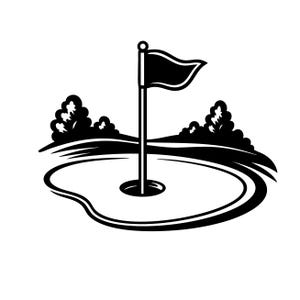 Puede incluir: Ilustración en blanco y negro de una escena de campo de golf. Una bandera ondea en lo alto de un mástil, situada en un hoyo circular. La escena incluye un camino curvo y árboles estilizados en el fondo, todo en un estilo gráfico simple.