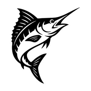 May include: A black and white illustration of a marlin fish leaping upwards. The fish has a long, pointed bill, a large dorsal fin, and a curved body. The design is a stylized, graphic representation of the fish.