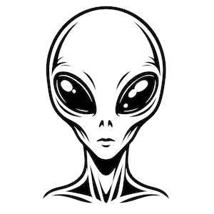 May include: A black and white illustration of an alien's head. The alien has a large, oval-shaped head with large, black eyes. The eyes have a reflective quality, and the alien has a small nose and mouth. The alien's neck and shoulders are also visible.