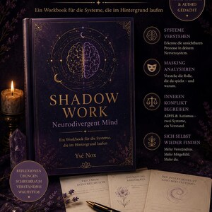 Könnte beinhalten: Ein Buch mit dem Titel "SHADOW WORK Neurodivergent Mind" mit einer Gehirnillustration. Es ist für Menschen mit ADHS, Autismus und AUDHD konzipiert. Das Bild enthält eine brennende Kerze, Kristalle und offene Seiten mit Text und Illustrationen.