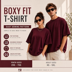 Pode incluir: Um molde de costura digital para uma t-shirt de corte quadrado. O texto diz: BOXY FIT T-SHIRT, EASY SEWING PATTERN, SIMPLE TO SEW. MADE TO WEAR. PDF PATTERN A4, A0 & US LETTER, BEGINNER FRIENDLY, BOXY FIT DESIGN, UNISEX PATTERN, YOUTH SIZES 2XS-7XS, ADULT SIZES XS-5XL.