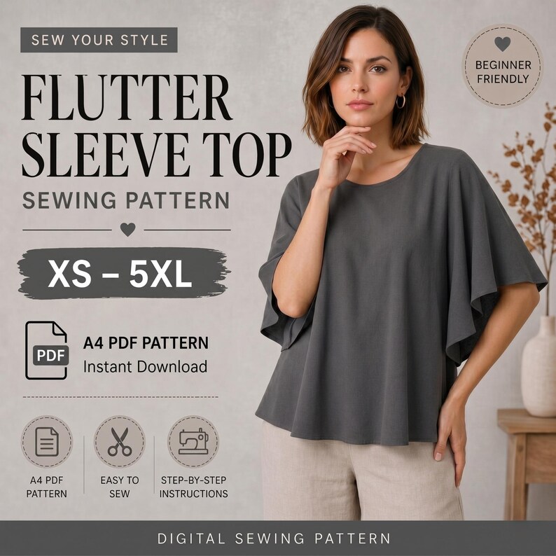 Flutter Sleeve Top Sewing Pattern PDF | Women Blouse Pattern | Beginner ...