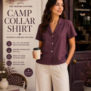 May include: A PDF sewing pattern for a camp collar shirt, featuring text that reads "CAMP COLLAR SHIRT" and "WOMEN'S SEWING PATTERN." The pattern includes A0, A4, and US letter sizes, instant download, and step-by-step instructions for home printing.