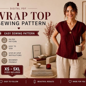 Könnte beinhalten: Ein digitales PDF-Schnittmuster für ein Wickeloberteil mit folgendem Text: DIGITAL PDF WRAP TOP SEWING PATTERN, EASY SEWING PATTERN, A4 PDF PATTERN, EASY TO SEW, STEP-BY-STEP INSTRUCTIONS, BEGINNER FRIENDLY, XS - 5XL SIZES INCLUDED, EASY TO FOLLOW, BEAUTIFUL RESULTS, MADE FOR YOU.