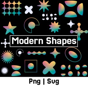 May include: A collection of various geometric and abstract shapes featuring gradient colors ranging from pink to teal on a black background. The text "Modern Shapes" is centered in a white rectangular frame, with "Png | Svg" at the bottom.