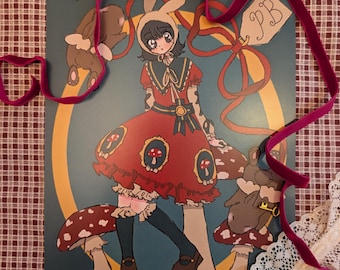 May include: A whimsical illustration of a girl in a red dress with mushroom and bunny motifs, set against a teal backdrop. A gold key charm and burgundy velvet ribbon add detail. The artwork evokes a fairy tale aesthetic.