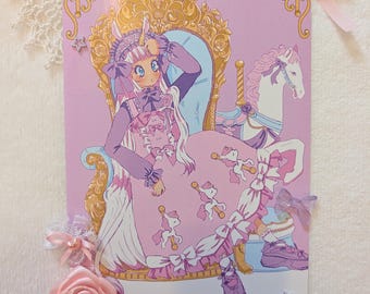 May include: A pink illustration depicts an anime-style character with a unicorn horn, wearing a purple dress, seated on a golden throne. A carousel horse is also shown. The image is decorated with a pink rose, bows, and lace.