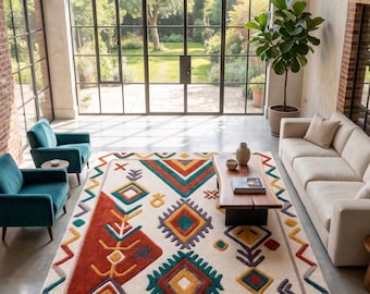 Tappeto moderno tribale in lana trapuntato a mano – Tappeto geometrico boho