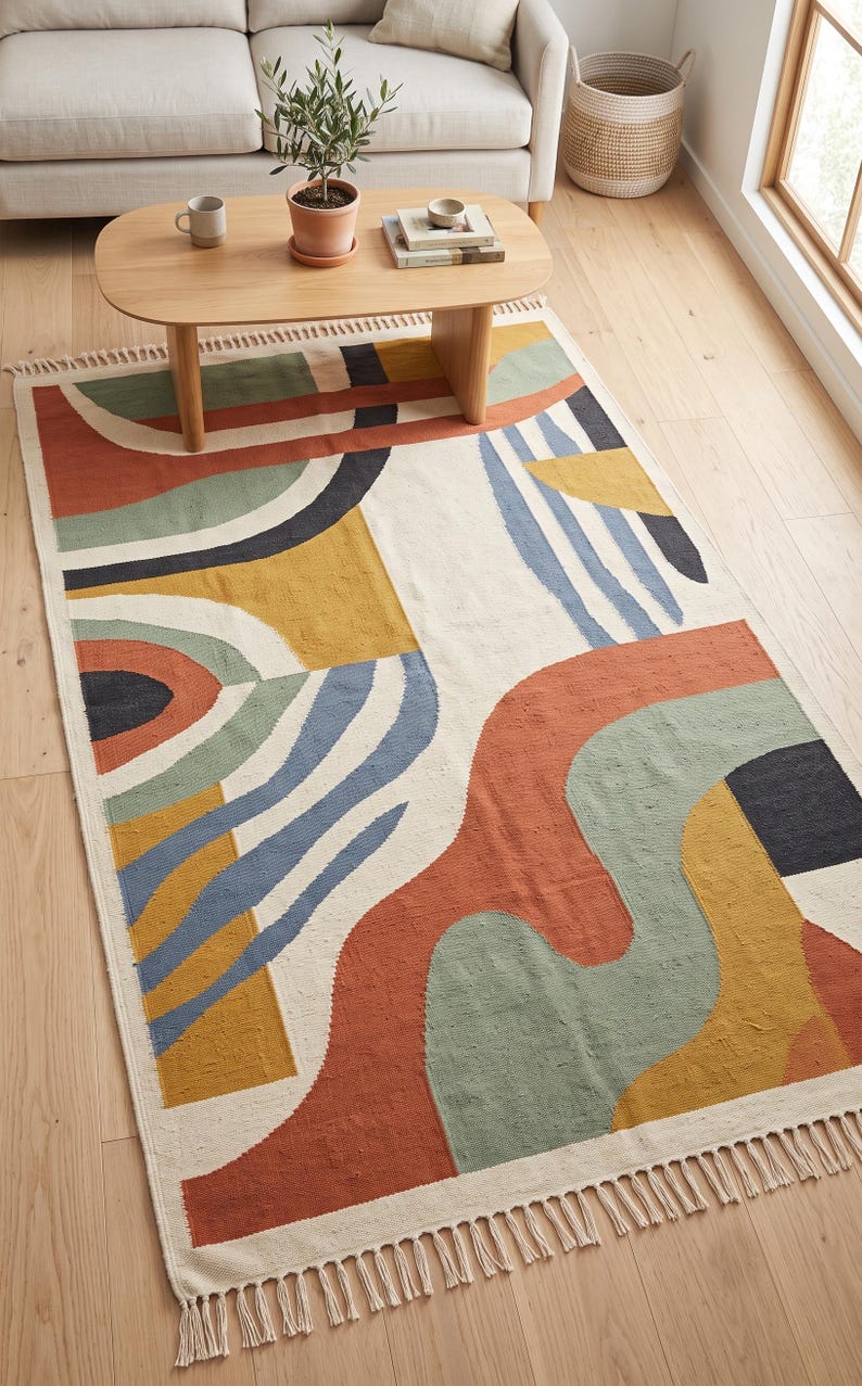 Puede incluir: Una alfombra rectangular con base color blanco roto y un patr&oacute;n abstracto multicolor de formas en terracota, verde salvia, amarillo mostaza y azul marino, que incluye l&iacute;neas curvas y bloques geom&eacute;tricos, rematada con flecos color crema.