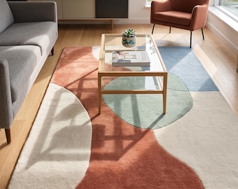 Minimalist Abstract Hand Tufted Rug, Modern Geometric Wool Area Rug, Contemporary Artistic Carpet Decor
