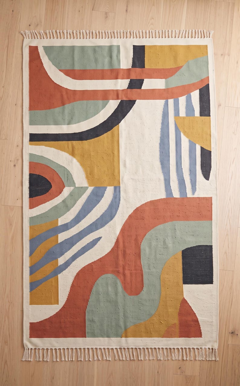 Alfombra Dhurrie de algodón con diseño geométrico abstracto hecha a mano, alfombra Kilim de estilo bohemio. imagen 3