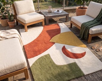 Hand Tufted Wool Rug, Abstract Geometric Scandinavian Carpet, Terracotta Sage Ivory Blue