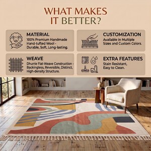 Alfombra Dhurrie de algodón con diseño geométrico abstracto hecha a mano, alfombra Kilim de estilo bohemio. imagen 6