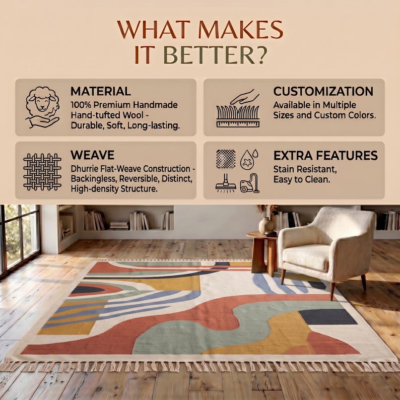 Alfombra Dhurrie de algodón con diseño geométrico abstracto hecha a mano, alfombra Kilim de estilo bohemio. imagen 6