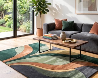 Hand-Tufted Wool Rug | Mid Century Modern Wavy Carpet, Green Rust Gold Floor Art
