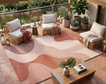 Tapete abstrato ondulado de lã tufada à mão | Tapete boho em tons de terracota e rosa blush | Tapete geométrico moderno com textura esculpida para sala de estar