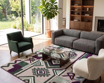Modern Geometric Hand Tufted Wool Rug | Tribal Abstract Area Rug | Contemporary Living Room Carpet