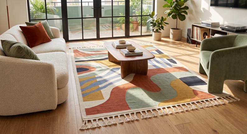 Puede incluir: Una alfombra rectangular con un patr&oacute;n abstracto de formas org&aacute;nicas y l&iacute;neas onduladas en tonos terracota, verde salvia, amarillo mostaza, azul marino y crema. La alfombra est&aacute; rematada con flecos de color crema en ambos extremos cortos.