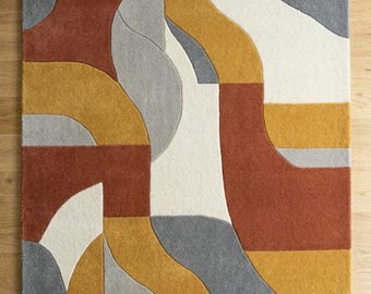Hand Tufted Wool Rug – Abstract Geometric Mustard, Rust, Grey Area Carpet