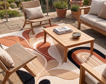 Handgetufteter botanischer Bogen aus Wolle | Mid-Century Modern Terrakotta Boho Teppich