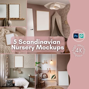 Può includere: Una collezione di cinque mockup digitali per camerette con cornici bianche vuote in vari ambienti con palette di colori neutri, illuminazione soffusa, baldacchini in tessuto e biancheria da letto testurizzata, etichettata con il testo 5 Scandinavian Nursery Mockups.