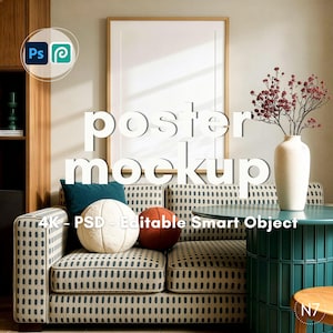 Poster Mockup: Stylish Living Room, Wooden Vertical Frame (PSD, Photopea, Photoshop) Digital Download, Editable Smart Object