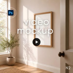 May include: A vertical rectangular wooden frame mounted on a light-colored wall, containing a white grid pattern. The frame is positioned near a window with a potted plant nearby. The text "video mockup" and a play icon are overlaid on the image.