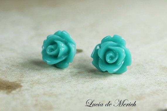 Items similar to Tiny Teal Earrings. Flower Studs.Cyber monday SALE ...