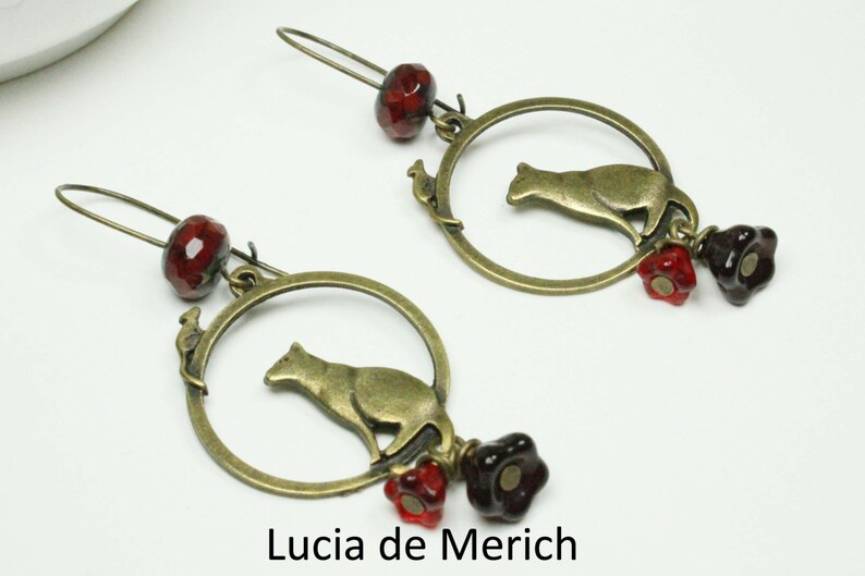 Cat Earrings Cat And Mouse Silhouette Animal Jewelry Round Etsy