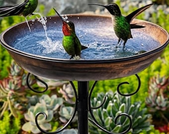 Handmade Metal Bird Bath & Hummingbird Feeder | Outdoor Garden Decor | Weather Resistant Metal Stake | Nature Gift