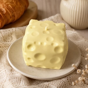 Könnte beinhalten: Eine blassgelbe, würfelförmige Kerze, die einem Stück Schweizer Käse nachempfunden ist, mit zahlreichen kreisförmigen Vertiefungen unterschiedlicher Größe auf der Oberfläche und einem einzelnen, mittigen Docht an der Oberseite des Wachsblocks.