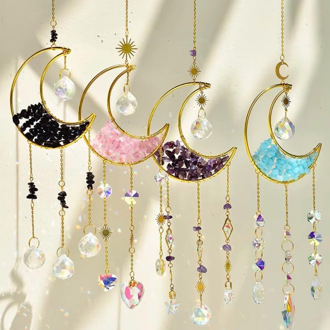 Moon Crystal Suncatcher Hanging Decor, Crescent Rainbow Window Charm ...